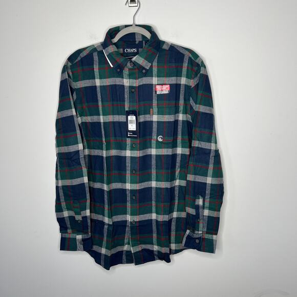 Chaps Shirt Mens Large Green Navy Plaid Performance Flannel Button Down New - Picture 1 of 10